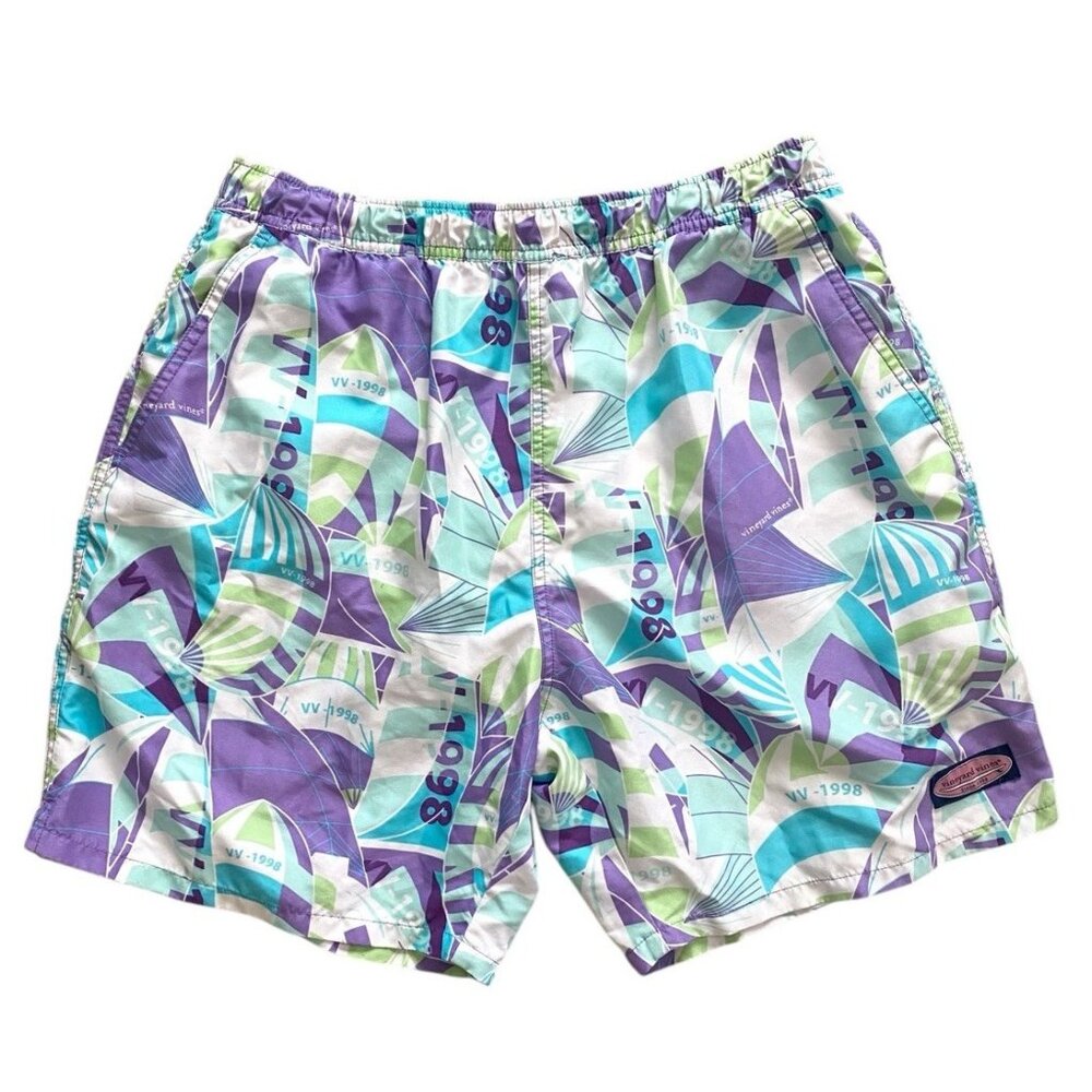 Vineyard Vines Chappy 90's Vibe Swim Trunks Purple Multicolor Men's Size M + Bag